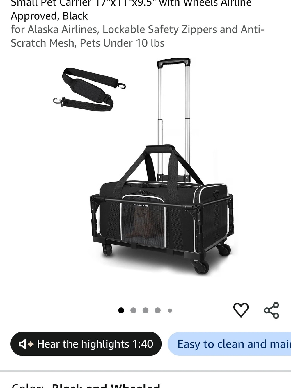 Wheeled Pet Carrier Tote Bag - Black